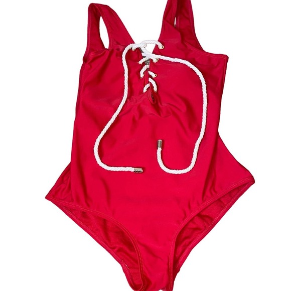 Jones New York swimsuit one piece red nautical rope tie front SZ SM baywatch - Picture 2 of 7